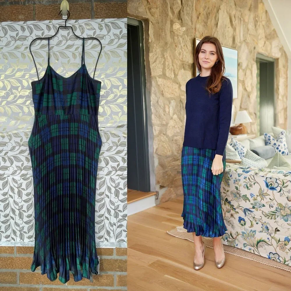 STS Sail to Sable Harper Blackwatch Plaid Pleated Cami Maxi Dress Style Charade